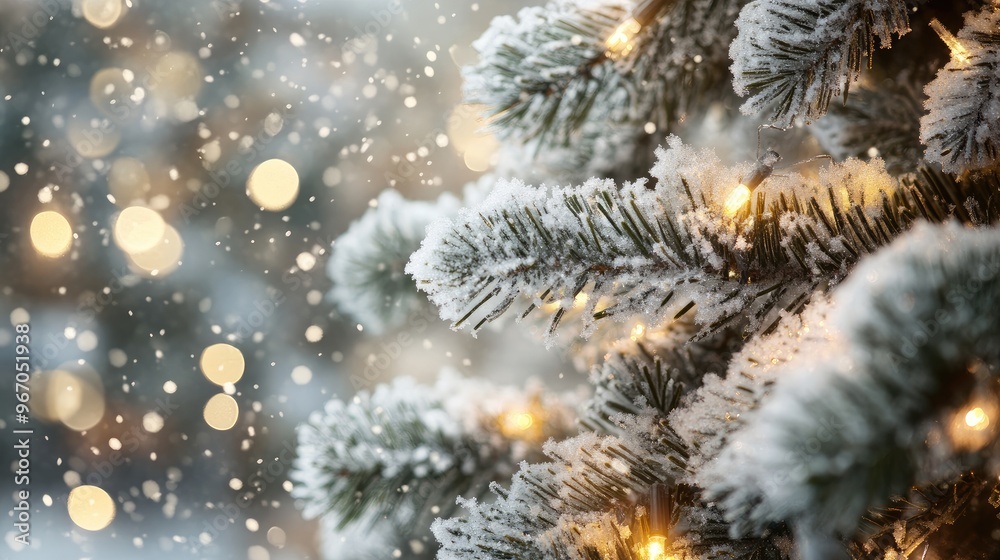 Snowy Christmas tree branches with sparkling lights and frosted glass ornaments. Focal point. No people. No logo. Snowy Christmas tree branches with sparkling lights and frosted glass ornaments. Focal point. No people. No logo.