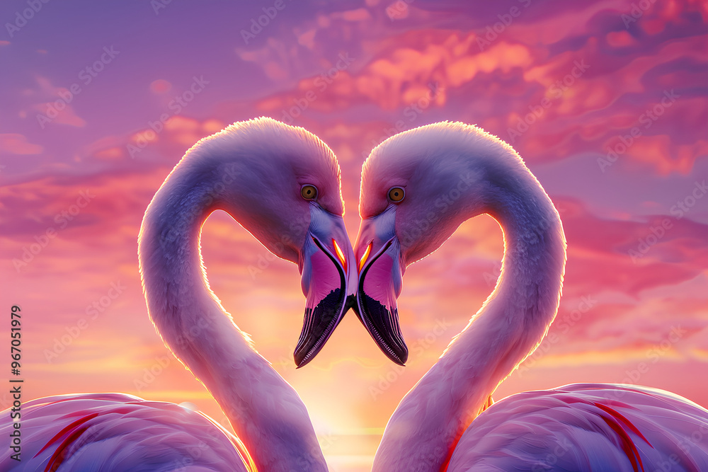 Fototapeta premium Two flamingos are facing each other with their beaks open