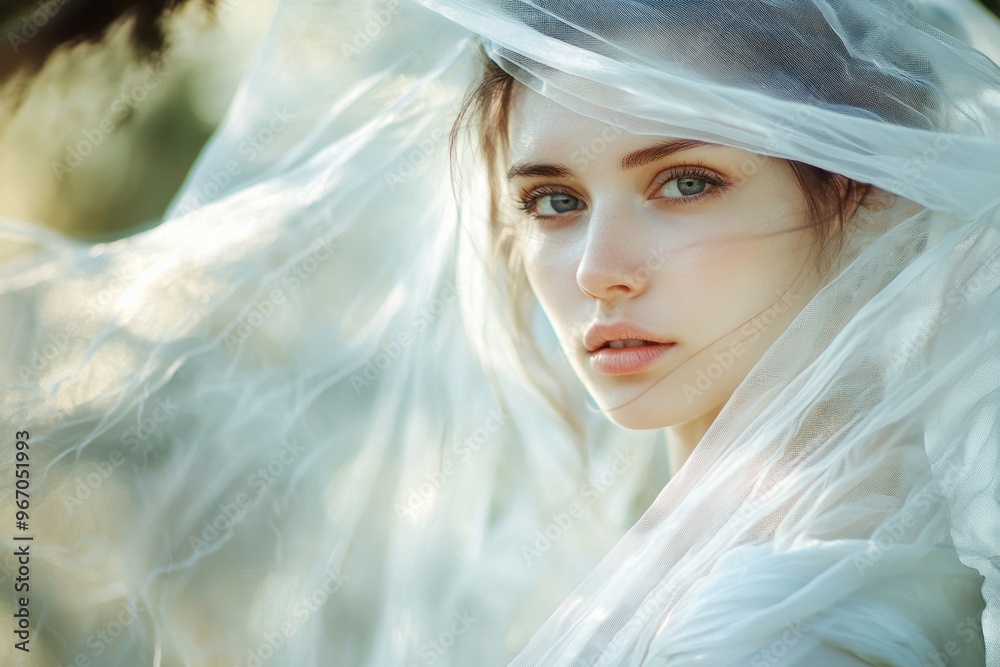 A beautiful woman in white linen garments and a transparent veil in nature. Lightness and beauty. A delicate, feminine girl. A beautiful woman in white linen garments and a transparent veil in nature. Lightness and beauty. A delicate, feminine girl.
