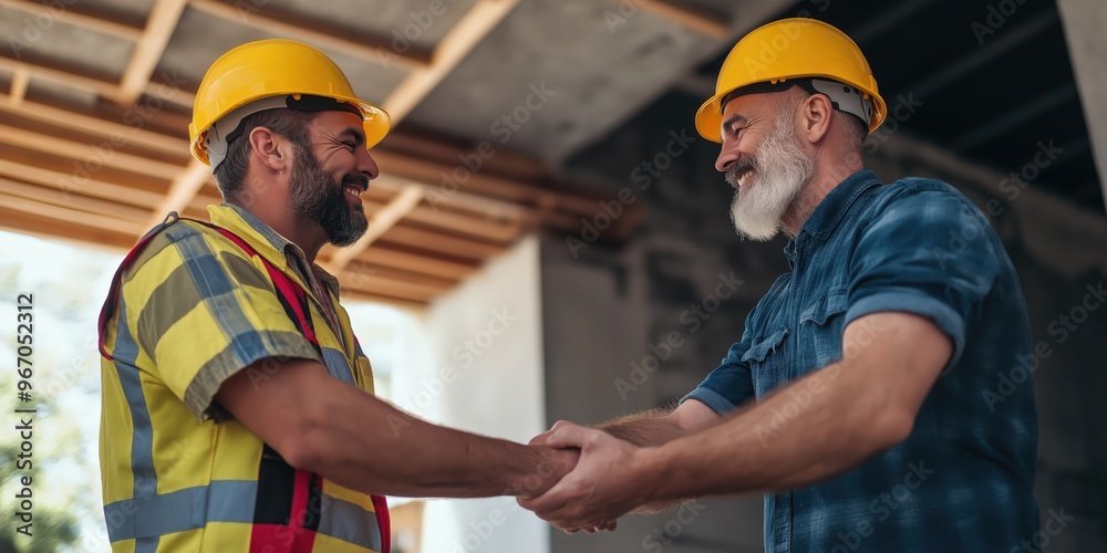 Happy building contractor shaking hands with a worker at the construction site. Happy building contractor shaking hands with a worker at the construction site.