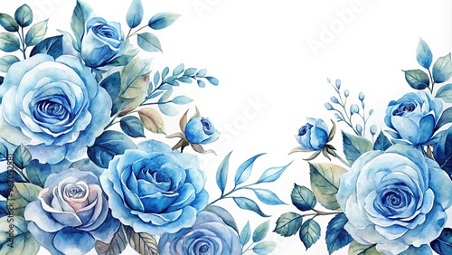 Fototapeta Naklejka Na Ścianę i Meble -  Watercolor blue roses arrangement on white background