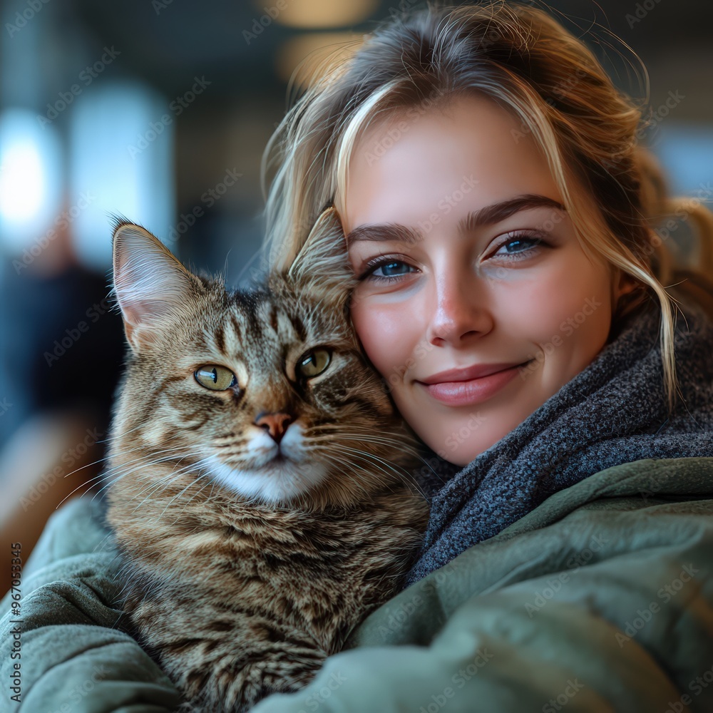 Closeup portrait of a cat and blond woman Closeup portrait of a cat and blond woman