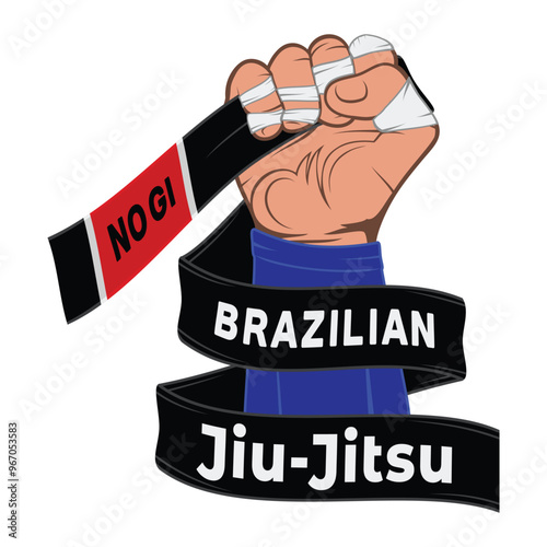 Vector image of a jiu-jitsu fighter's hand. Black belt is a symbol of victory. Traditional Brazilian martial art. Champion of combat. Illustrations for t shirt print. Tournament winner.