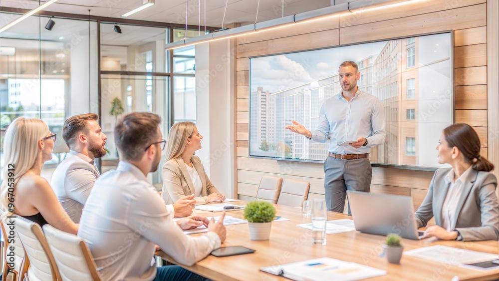Modern business meeting in a bright conference room with a presentation.. Modern business meeting in a bright conference room with a presentation..