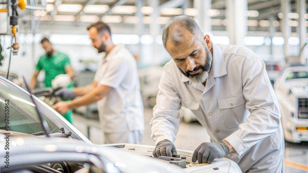 Focused automotive technician repairing a car in a modern workshop.. Focused automotive technician repairing a car in a modern workshop..