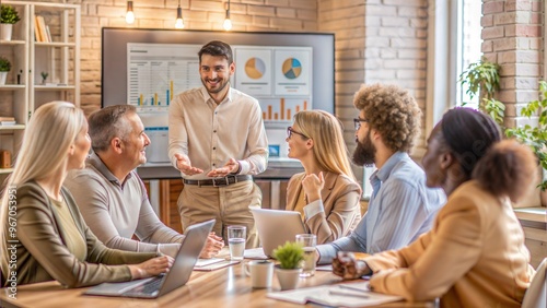 Business team in a meeting with a smiling presenter leading discussion..