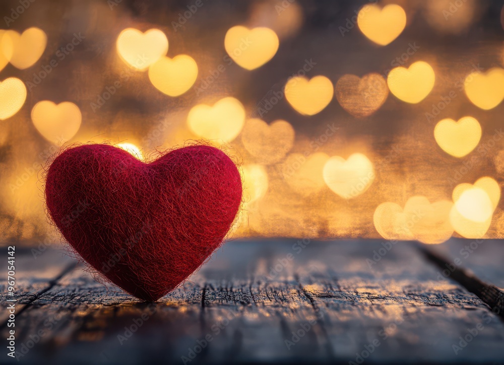 Obraz premium Red Felt Heart with Bokeh Heart Lights for Valentines Day