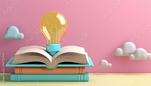 A colorful book sits below a glowing light bulb, symbolizing creativity and ideas against a vibrant pink background.