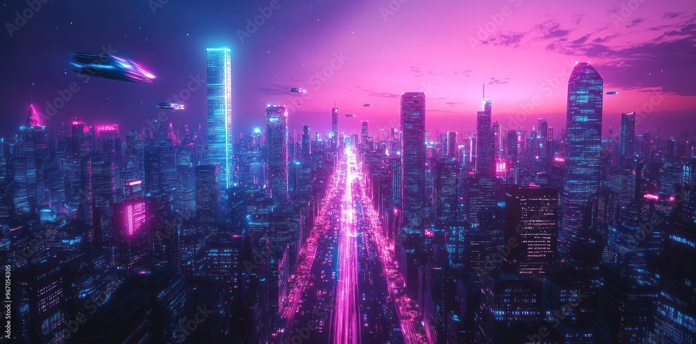 Fototapeta premium Futuristic Cityscape with Neon Lights and Flying Objects