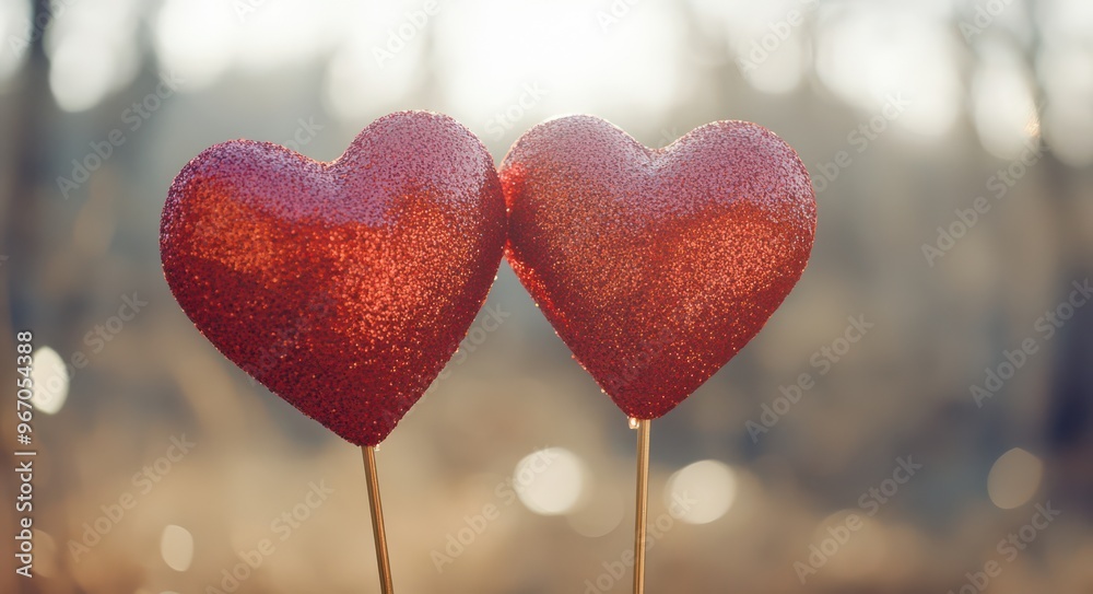 Glittery Hearts on Sticks with Soft Blurred Background for Valentines Day Glittery Hearts on Sticks with Soft Blurred Background for Valentines Day