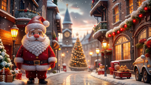 Santa Claus in snowy village at Christmas night with holiday lights..