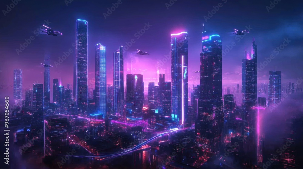 custom made wallpaper toronto digitalA futuristic skyline showcases sleek skyscrapers, flying cars, and interconnected glass bridges under a neon-lit sky