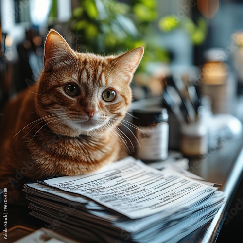 ginger cat lies close to a stack of veterinary prescription pads on a desk 