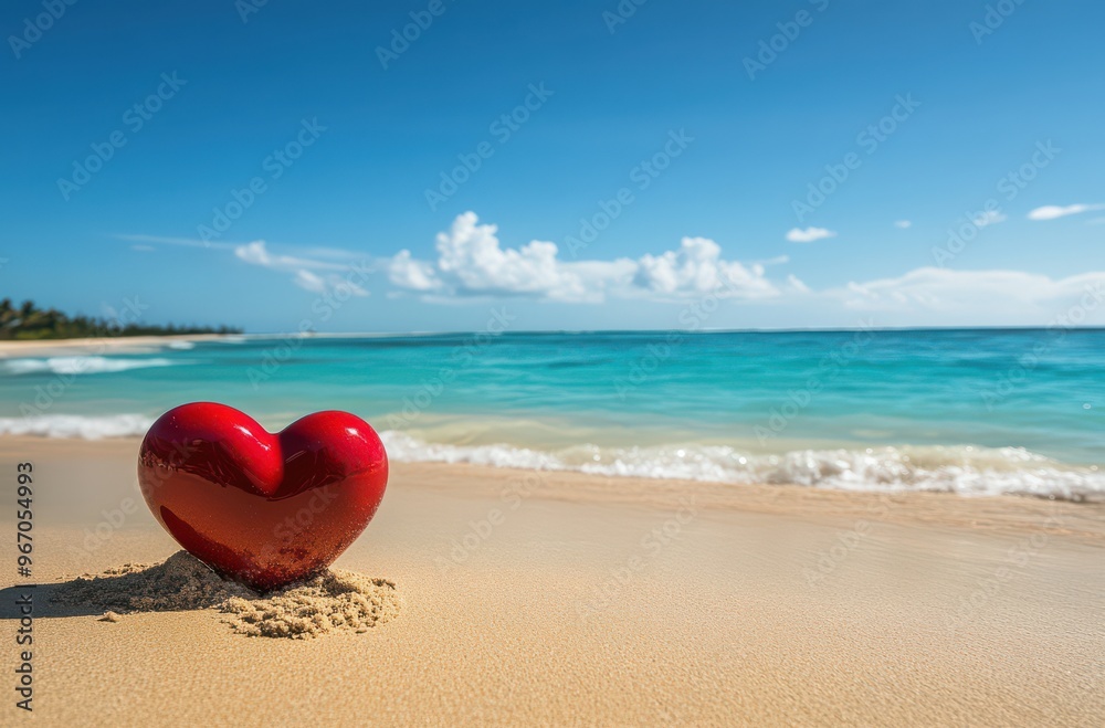 Valentines Day Red Heart on Tropical Beach with Turquoise Ocean