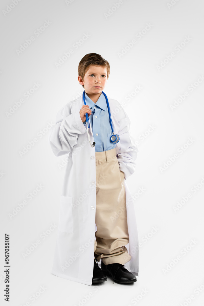 Little boy, doctor and ambition with stethoscope or uniform in studio for checkup or healthcare on a white background. Child, kid or junior cardiologist with health tool or equipment for wellness Little boy, doctor and ambition with stethoscope or uniform in studio for checkup or healthcare on a white background. Child, kid or junior cardiologist with health tool or equipment for wellness