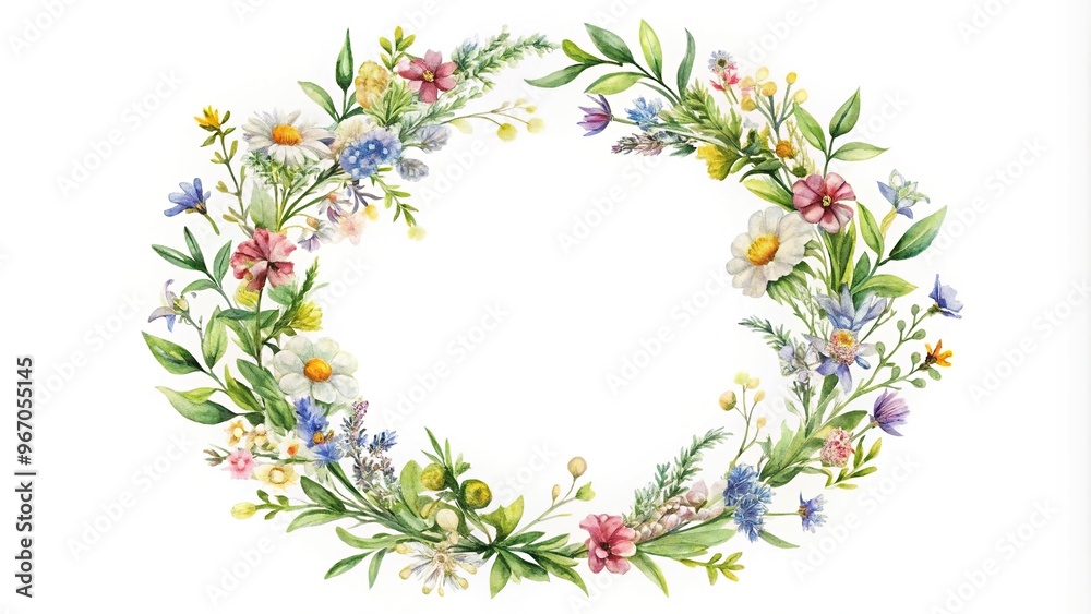 watercolor illustration of a small wildflower wreath frame from a low angle view watercolor illustration of a small wildflower wreath frame from a low angle view