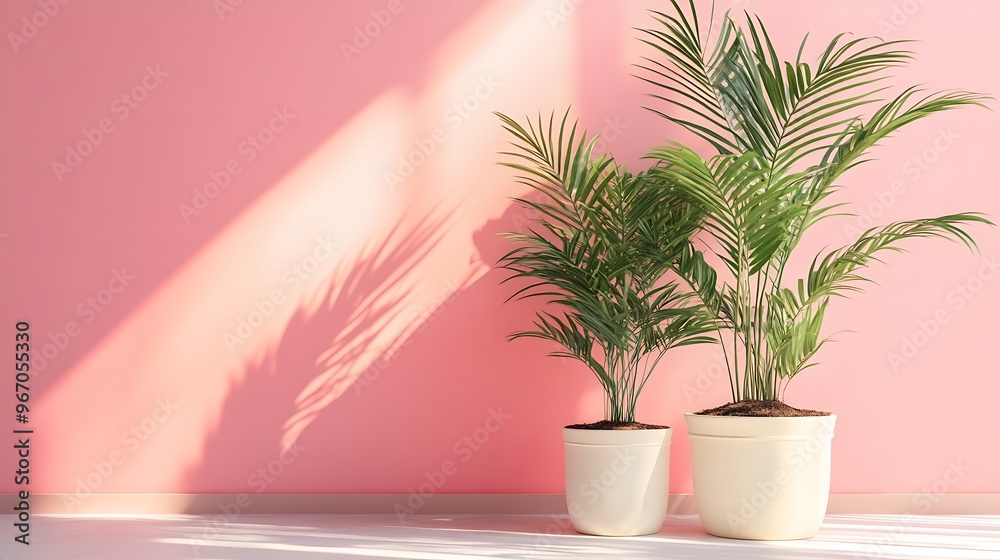 Two potted plants with green leaves stand in front of a pink wall with light streaming through a window, casting shadows on the wall.
