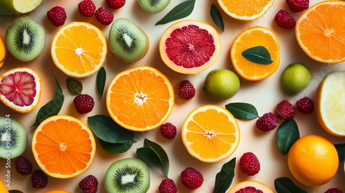 A vibrant composition of sliced oranges, grapefruits, kiwis, raspberries, and leaves on a light background, creating a fresh and colorful look