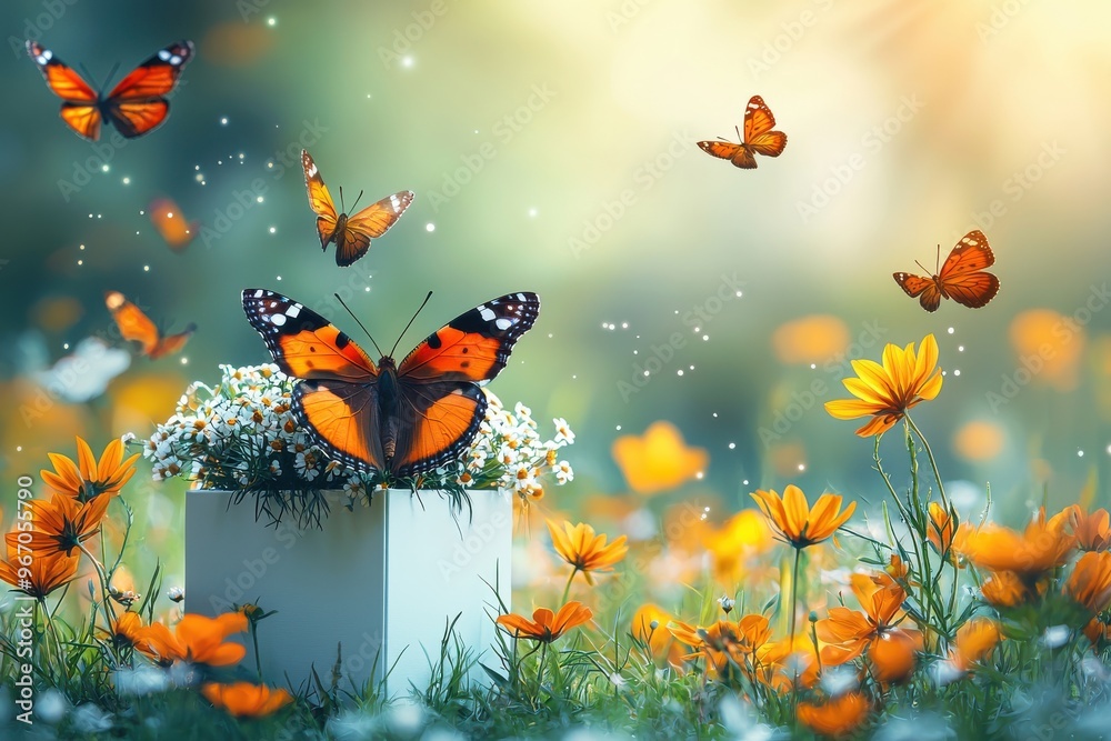 Vibrant butterfly garden with colorful flowers and fluttering butterflies Vibrant butterfly garden with colorful flowers and fluttering butterflies