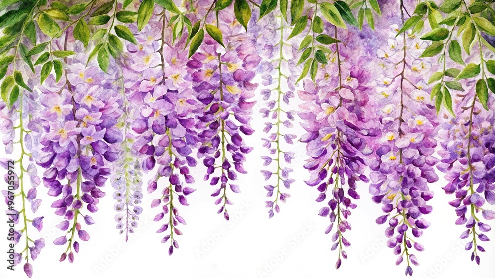 Naklejka premium Watercolor illustration of wisteria flowers hanging down