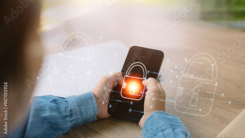 Cyber security and data protection on internet. Person touching virtual shield, secure access, encrypted connection. Password protected system and storage. Cybersecurity technology.