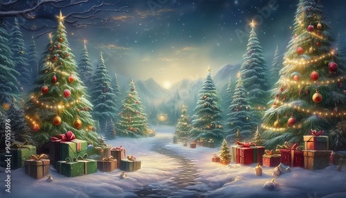 Weihnachtskarte mit geschmücktem Wald
