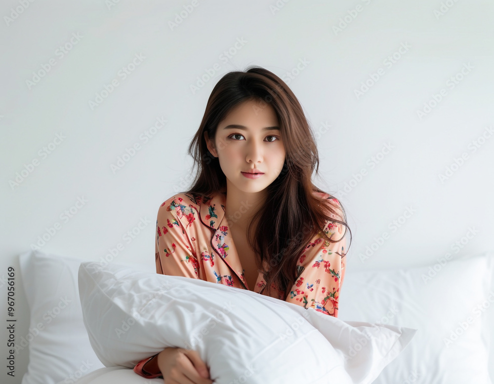 beautiful Korean woman just woke up wearing pajamas hugging a pillow beautiful Korean woman just woke up wearing pajamas hugging a pillow