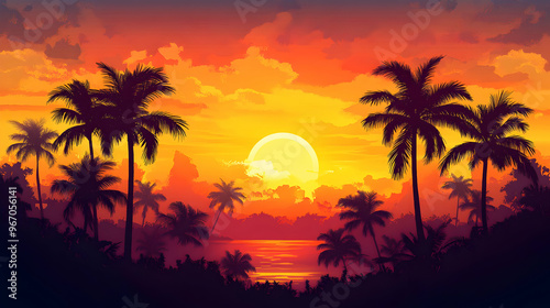 This image shows a tropical sunset with palm trees and a large sun