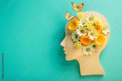 Creative mind concept with cardboard silhouette and floral decor for inspirational design