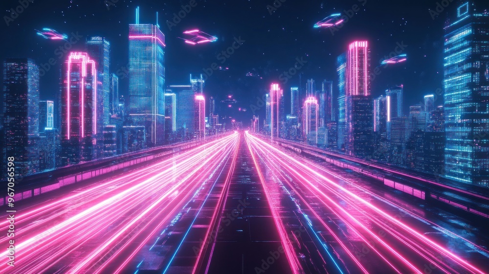 Neon Cityscape with Glowing Road and Flying Cars Neon Cityscape with Glowing Road and Flying Cars