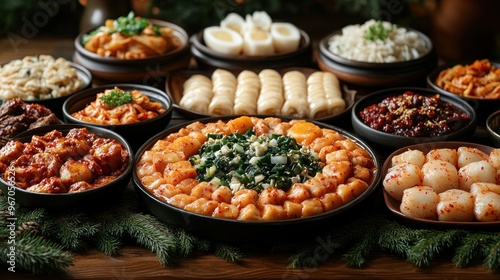 A festive spread of various dishes arranged on a wooden table.