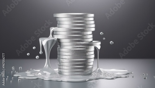 A stack of silver coins with liquid dripping effect, symbolizing wealth and liquidity in a modern financial concept.