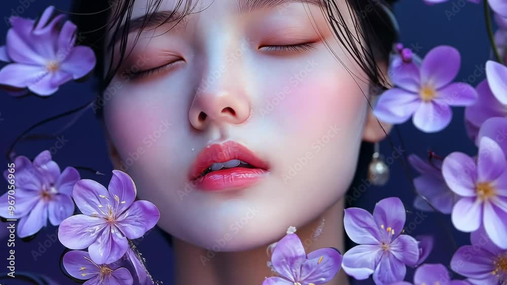 A serene moment of tranquility with a woman surrounded by soft purple flowers in tranquil water setting A serene moment of tranquility with a woman surrounded by soft purple flowers in tranquil water setting