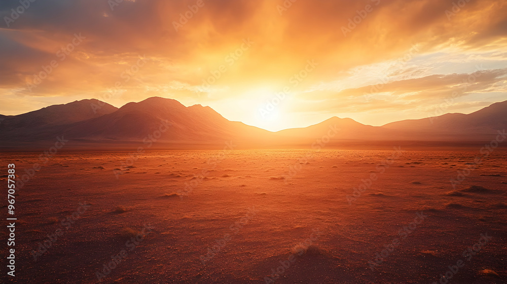 A vast, orange desert landscape with a bright sunset. A vast, orange desert landscape with a bright sunset.