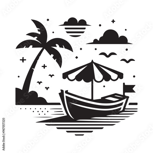 tropical beach scene, silhouette art, palm tree, boat with a striped umbrella, clouds and birds in the sky, minimalist design, black and white, vector illustration, serene and peaceful atmosphere
