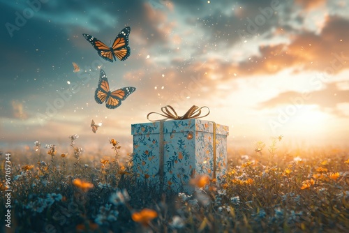 Whimsical scene with butterflies and a gift box in a flower field at sunset