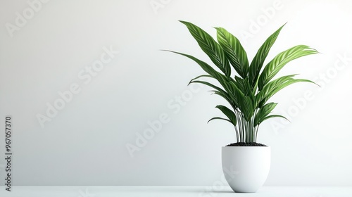 Single potted plant with green leaves against a white wall