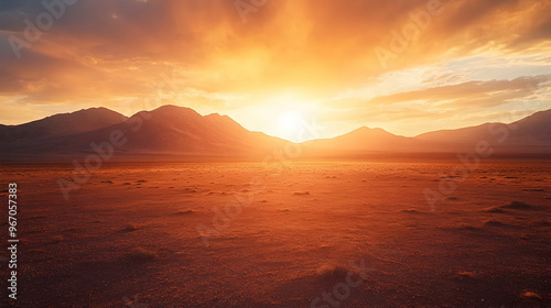 A vast, orange desert landscape with a bright sunset.