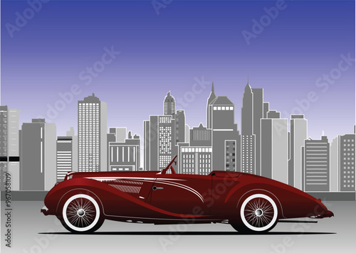 141-13-Red convertible is driving from left to right in front of a city skyline