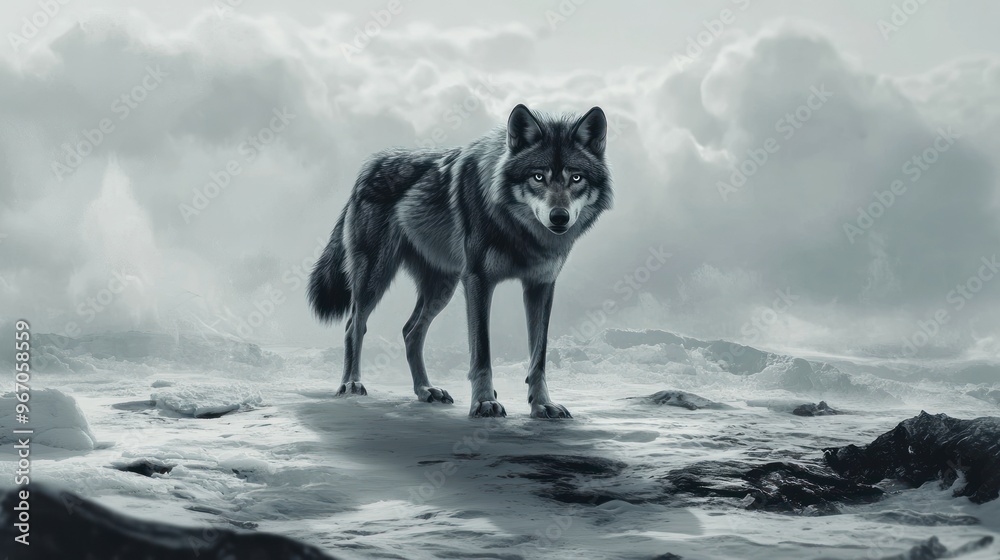 Naklejka premium A Lone Wolf Standing on a Snowy Landscape with Cloudy Skies