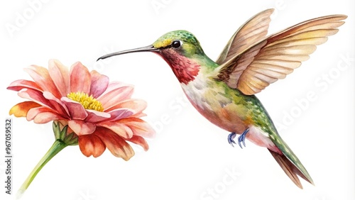 Fototapeta Naklejka Na Ścianę i Meble -  watercolor painting of hummingbird and flower on white background