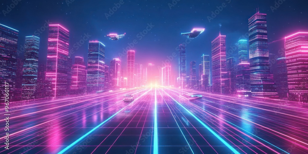 Futuristic Cityscape with Neon Lights and Flying Vehicles Futuristic Cityscape with Neon Lights and Flying Vehicles