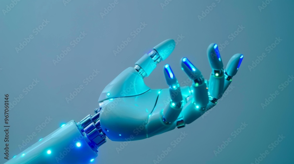 Robotic hand with blue LED lights reaching out against plain background.. Robotic hand with blue LED lights reaching out against plain background..