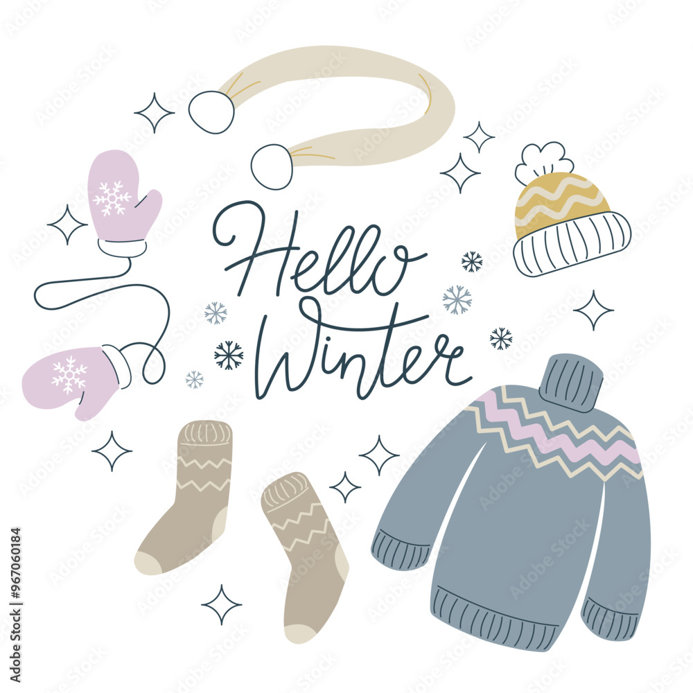Hello winter poster template. Lettering with warm clothes frame for sale banner, motivational quote, cozy winter, knitting hobby theme card, flyer, web banner, invitation Isolated on white background Hello winter poster template. Lettering with warm clothes frame for sale banner, motivational quote, cozy winter, knitting hobby theme card, flyer, web banner, invitation Isolated on white background