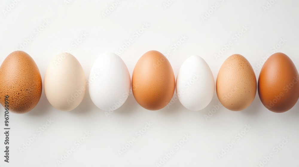 A row of eggs lined up on a white surface with brown and white, AI A row of eggs lined up on a white surface with brown and white, AI