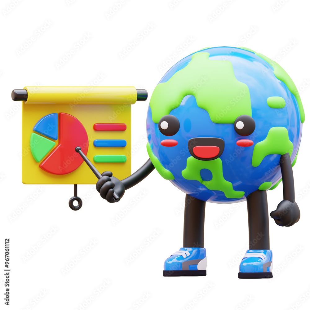 3D Earth character pointing at a pie chart presentation, great for business and educational purposes 3D Earth character pointing at a pie chart presentation, great for business and educational purposes