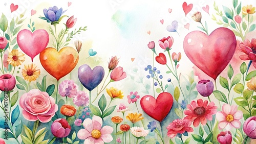 Fototapeta Naklejka Na Ścianę i Meble -  watercolor painting of valentines hearts and flowers