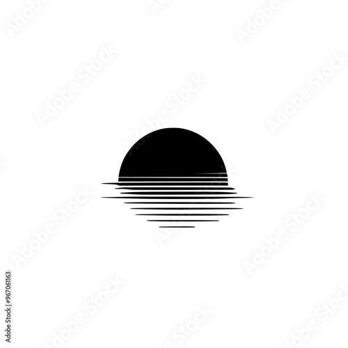 Minimalist sunset with horizon lines illustration, A simple black-and-white minimalist illustration of a sunset with horizontal lines representing the horizon, evoking calm and serenity.
