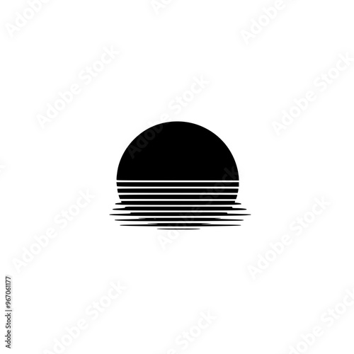 Minimalist sunset with horizon lines illustration, A simple black-and-white minimalist illustration of a sunset with horizontal lines representing the horizon, evoking calm and serenity.

