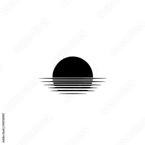 Minimalist sunset with horizon lines illustration, A simple black-and-white minimalist illustration of a sunset with horizontal lines representing the horizon, evoking calm and serenity.
